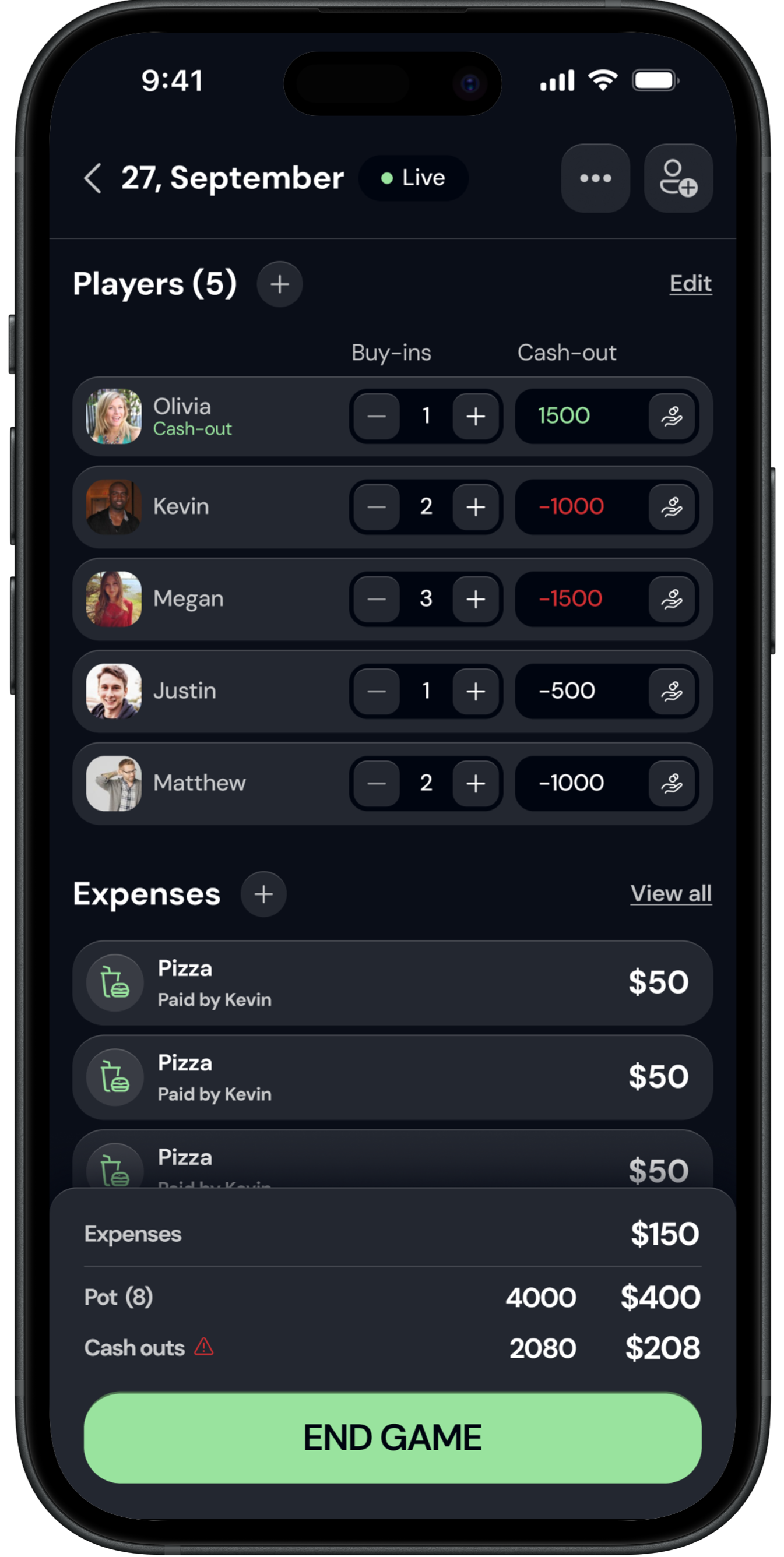Chipup home poker game tracker app on iPhone
